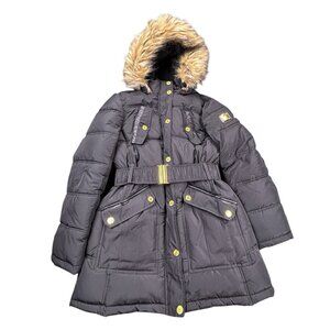 Rocawear Puffer Coat Women’s Medium Black Long Stretch Belt Removable Fur Hood